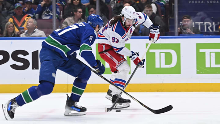 Oct 28, 2023; Vancouver, British Columbia, CAN; New York Rangers center Mika Zibanejad (93) skates