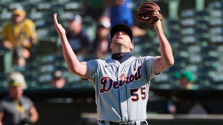 Detroit Tigers pitcher Alex Lange (55) reacts on the mound after a save.
