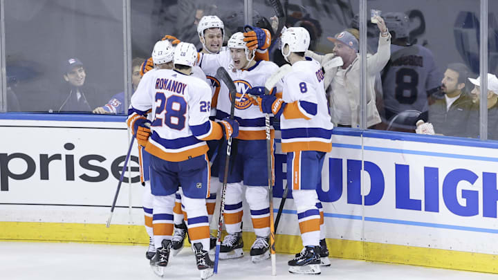 Nov 8, 2022; New York, New York, USA; New York Islanders players celebrate a goal by New York