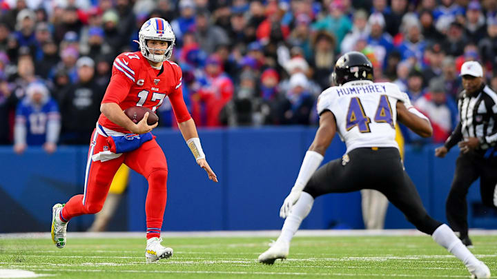 Josh Allen sizes up Marlon Humphrey during a 2019 game between the Bills and Ravens.