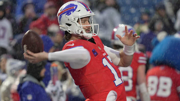 Buffalo Bills quarterback Josh Allen warms up before the game at Highmark Stadium in Orchard Park.
