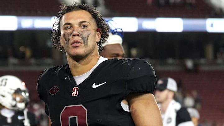 Oct 19, 2024; Stanford, California, USA; Stanford Cardinal linebacker Tristan Sinclair (8) after the game against the Southern Methodist Mustangs at Stanford Stadium. Mandatory Credit: Darren Yamashita-Imagn Images