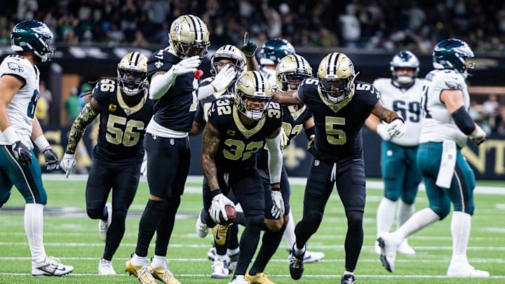 Sep 22, 2024; New Orleans, Louisiana, USA; New Orleans Saints safety Tyrann Mathieu (32) reacts after intercepting a pass by Philadelphia Eagles quarterback Jalen Hurts (1) during the first half at Caesars Superdome. Mandatory Credit: Stephen Lew-Imagn Images Sep 22, 2024; New Orleans, Louisiana, USA; New Orleans Saints safety Tyrann Mathieu (32) reacts after intercepting a pass by Philadelphia Eagles quarterback Jalen Hurts (1) during the first half at Caesars Superdome. Mandatory Credit: Stephen Lew-Imagn Images