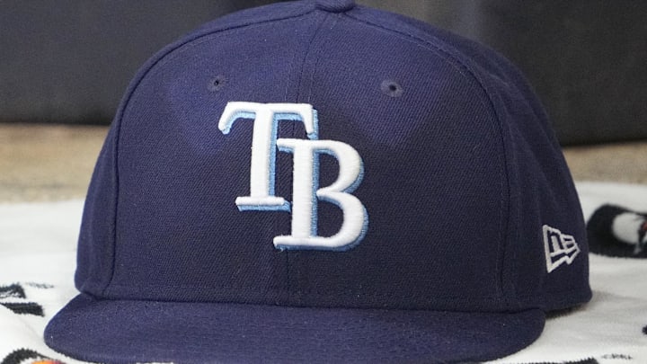 Mar 30, 2026; Milwaukee, Wisconsin, USA; A detailed view of the Tampa Bay Rays hat at American Family Field.