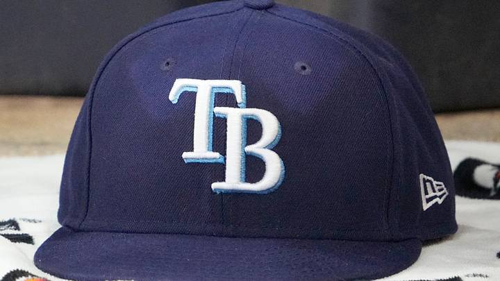 Mar 30, 2026; Milwaukee, Wisconsin, USA; A detailed view of the Tampa Bay Rays hat at American Family Field. 