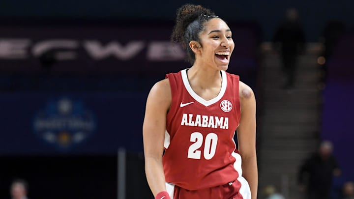 Alabama Crimson Tide guard Diana Collins (20) celebrates Thursday, March 5, 2026, during the SEC Women's Basketball Tournament second round game against the Tennessee Volunteers at Bon Secours Wellness Arena in Greenville, South Carolina. Alabama Crimson Tide won 76-64. Alabama Crimson Tide guard Diana Collins (20) celebrates Thursday, March 5, 2026, during the SEC Women's Basketball Tournament second round game against the Tennessee Volunteers at Bon Secours Wellness Arena in Greenville, South Carolina. Alabama Crimson Tide won 76-64.