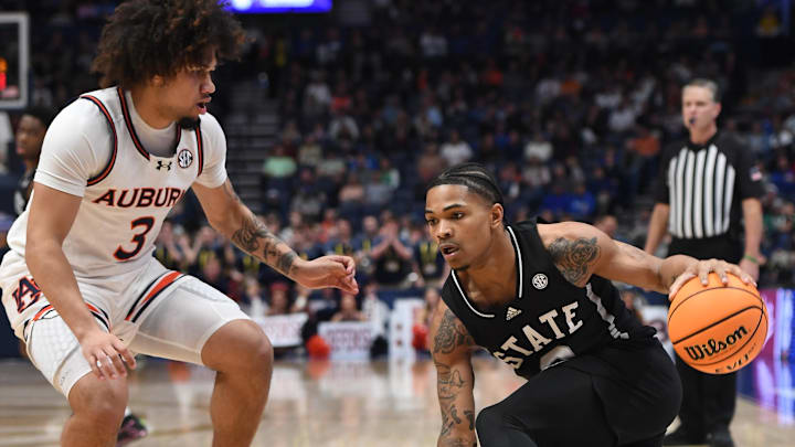 Mar 16, 2024; Nashville, TN, USA; Mississippi State Bulldogs guard Shakeel Moore (3) dribbles the