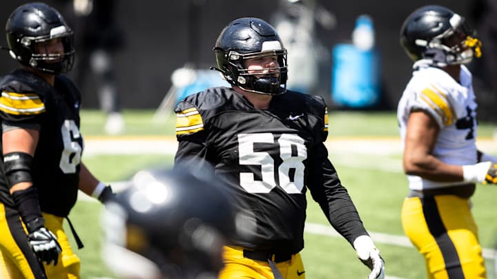 Apr 26, 2025; Iowa City, IA, USA; Iowa offensive lineman Kade Pieper looks to the sideline during a spring NCAA football open practice at Kinnick Stadium. Mandatory Credit: Joseph Cress/For the Register