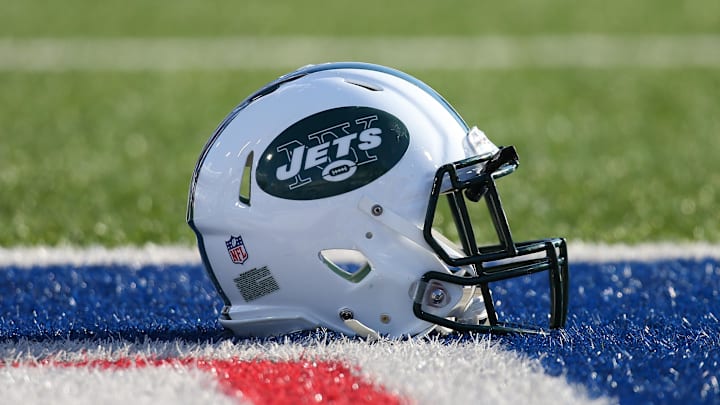 Dec 9, 2018; Orchard Park, NY, USA; General view of a New York Jets helmet prior to the game against the Buffalo Bills at New Era Field. Mandatory Credit: Rich Barnes-Imagn Images