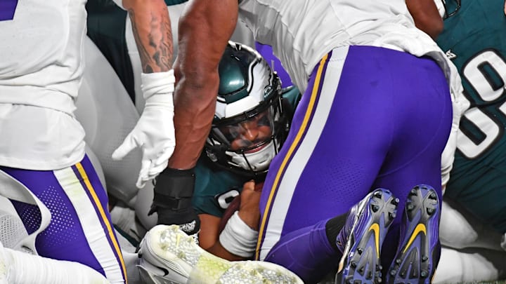 Sep 14, 2023; Philadelphia, Pennsylvania, USA; Philadelphia Eagles quarterback Jalen Hurts (1) scores a touchdown  against the Minnesota Vikings during the second quarter at Lincoln Financial Field. Mandatory Credit: Eric Hartline-Imagn Images