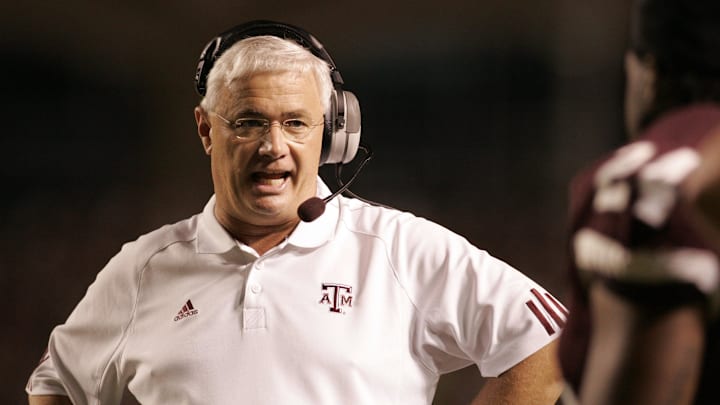 Oct 6, 2007; College Station, TX, USA; Texas A&M Aggies head coach Dennis Franchione coaches his team against the Oklahoma State Cowboys in the fourth quarter at Kyle Field.  Texas A&M beat Oklahoma State 24-23. Mandatory Credit: Brett Davis-Imagn Images