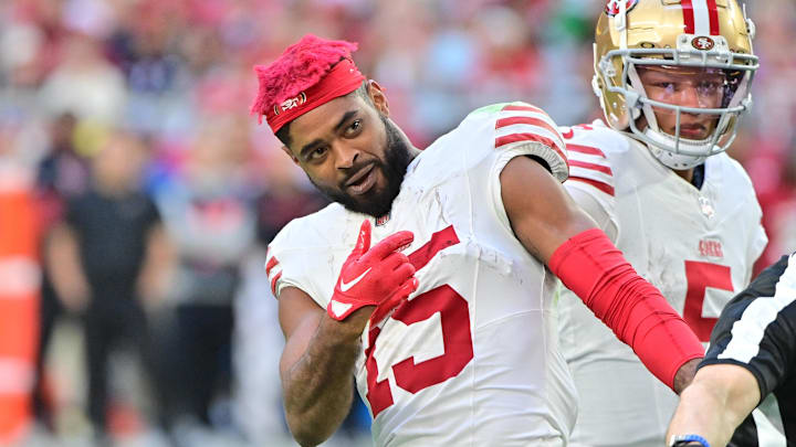 Jan 5, 2025; Glendale, Arizona, USA; San Francisco 49ers wide receiver Jauan Jennings (15) reacts in the first half prior to being ejected from the game against the Arizona Cardinals at State Farm Stadium. Mandatory Credit: Matt Kartozian-Imagn Images