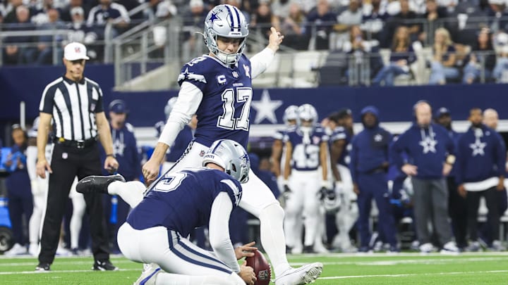 Dallas Cowboys place kicker Brandon Aubrey kicks a field goal against the Los Angeles Chargers.