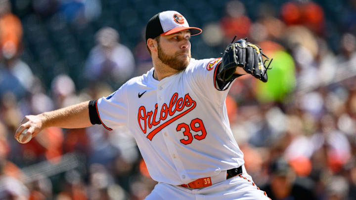 Sep 8, 2024; Baltimore, Maryland, USA; Baltimore Orioles pitcher Corbin Burnes (39) throws a pitch during the first inning against the Tampa Bay Rays at Oriole Park at Camden Yards.