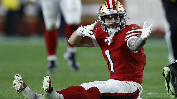 Dec 28, 2025; Santa Clara, California, USA; San Francisco 49ers wide receiver Ricky Pearsall (1) celebrates in the first half against the Chicago Bears at Levi's Stadium. Mandatory Credit: Sergio Estrada-Imagn Images Dec 28, 2025; Santa Clara, California, USA; San Francisco 49ers wide receiver Ricky Pearsall (1) celebrates in the first half against the Chicago Bears at Levi's Stadium. Mandatory Credit: Sergio Estrada-Imagn Images