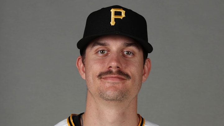 Feb 18, 2026; Bradenton, FL, USA; Pittsburgh Pirates pitcher Brandan Bidois (77) poses for a photo during media day at Pirate City. Mandatory Credit: Kim Klement Neitzel-Imagn Images