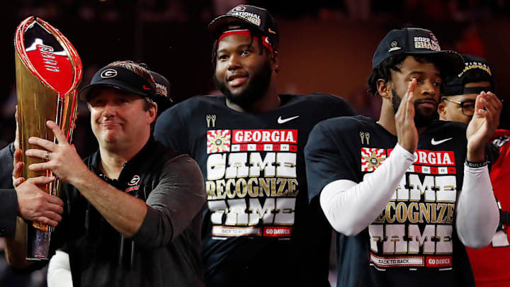 Georgia coach Kirby Smart celebrates after winning the NCAA College Football National Championship game between TCU and Georgia on Monday, Jan. 9, 2023, in Inglewood, Calif. Georgia won 65-7.

News Joshua L Jones