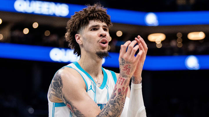 Mar 7, 2025; Charlotte, North Carolina, USA; Charlotte Hornets guard LaMelo Ball (1) reacts to a foul during the third quarter against the Cleveland Cavaliers at Spectrum Center. Mandatory Credit: Scott Kinser-Imagn Images