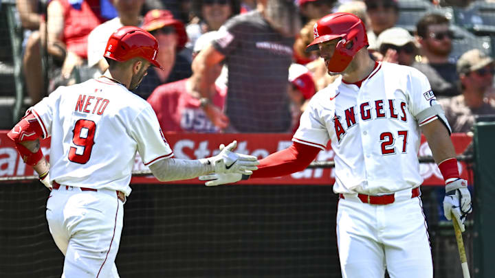 Aug 3, 2025; Anaheim, California, USA; Los Angeles Angels shortstop Zach Neto (9) celebrates with outfielder Mike Trout (27) after hitting a solo home run against the Chicago White Sox during the sixth inning at Angel Stadium. Mandatory Credit: Jonathan Hui-Imagn Images Aug 3, 2025; Anaheim, California, USA; Los Angeles Angels shortstop Zach Neto (9) celebrates with outfielder Mike Trout (27) after hitting a solo home run against the Chicago White Sox during the sixth inning at Angel Stadium. Mandatory Credit: Jonathan Hui-Imagn Images