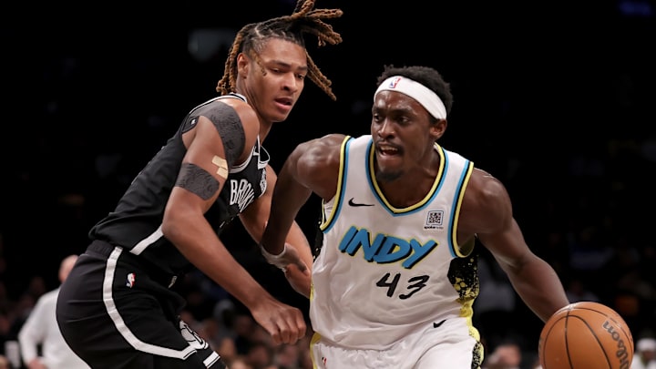 Jan 6, 2025; Brooklyn, New York, USA; Indiana Pacers forward Pascal Siakam (43) drives to the basket against Brooklyn Nets forward Noah Clowney (21) during the first quarter at Barclays Center. Mandatory Credit: Brad Penner-Imagn Images
