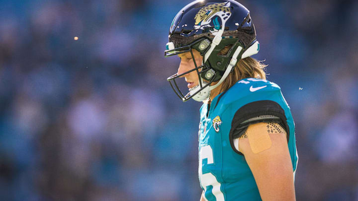 Dec 1, 2024; Jacksonville, Florida, USA; Jacksonville Jaguars quarterback Trevor Lawrence (16) walks back to the huddle against the Houston Texans in the first quarter at EverBank Stadium. Mandatory Credit: Jeremy Reper-Imagn Images