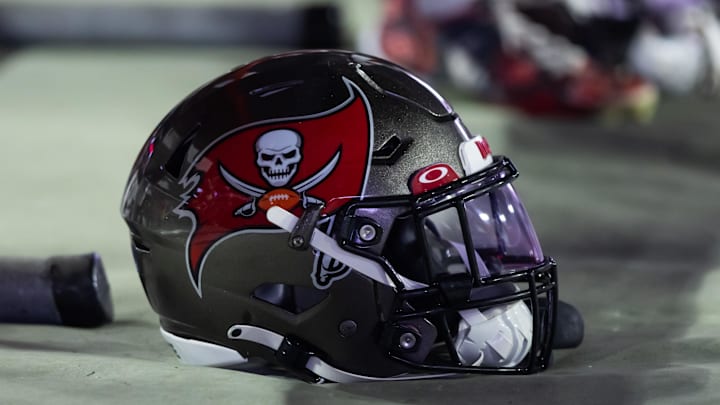 Detailed view of a Tampa Bay Buccaneers helmet at State Farm Stadium.
