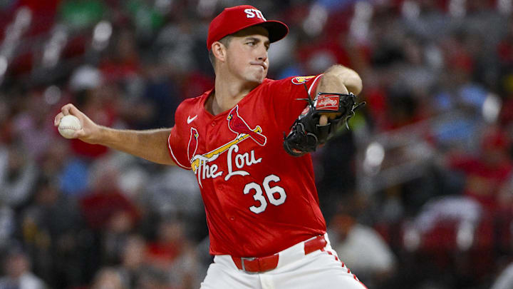 Sep 5, 2025; St. Louis, Missouri, USA; St. Louis Cardinals starting pitcher Michael McGreevy (36) pitches against the San Francisco Giants during the first inning at Busch Stadium. Mandatory Credit: Jeff Curry-Imagn Images Sep 5, 2025; St. Louis, Missouri, USA; St. Louis Cardinals starting pitcher Michael McGreevy (36) pitches against the San Francisco Giants during the first inning at Busch Stadium. Mandatory Credit: Jeff Curry-Imagn Images