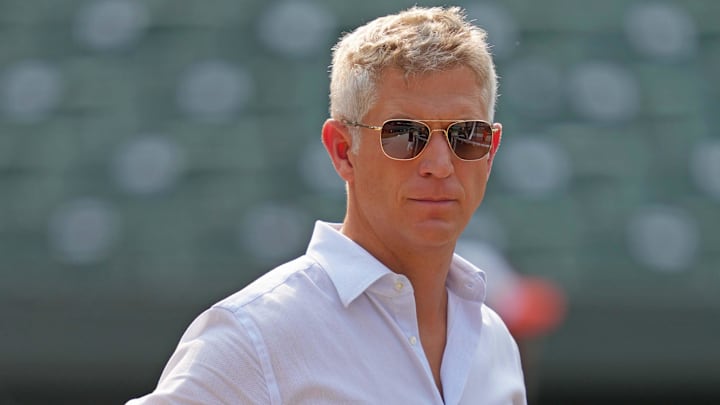 Jul 18, 2023; Baltimore, Maryland, USA; Baltimore Orioles general manager Mike Elias on field prior to the game against the Los Angeles Dodgers at Oriole Park at Camden Yards Jul 18, 2023; Baltimore, Maryland, USA; Baltimore Orioles general manager Mike Elias on field prior to the game against the Los Angeles Dodgers at Oriole Park at Camden Yards