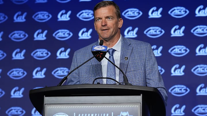 Jul 23, 2024; Charlotte, NC, USA;  Cal head coach Justin Wilcox answers questions from the media during the ACC Kickoff at Hilton Charlotte Uptown. Mandatory Credit: Jim Dedmon-Imagn Images