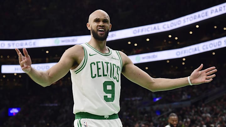 Boston Celtics guard Derrick White (9) reacts after a non call during the second half against the Orlando Magic at TD Garden. 
