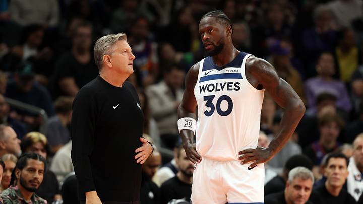 Nov 21, 2025; Phoenix, Arizona, USA; Minnesota Timberwolves head coach Chris Finch with forward Julius Randle (30) against the Phoenix Suns during an NBA Cup game at Mortgage Matchup Center. Mandatory Credit: Mark J. Rebilas-Imagn Images Nov 21, 2025; Phoenix, Arizona, USA; Minnesota Timberwolves head coach Chris Finch with forward Julius Randle (30) against the Phoenix Suns during an NBA Cup game at Mortgage Matchup Center. Mandatory Credit: Mark J. Rebilas-Imagn Images