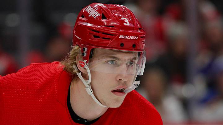 Mar 23, 2023; Detroit, Michigan, USA; Detroit Red Wings defenseman Simon Edvinsson (3) looks on during the first period against the St. Louis Blues at Little Caesars Arena. Mandatory Credit: Brian Bradshaw Sevald-USA TODAY Sports