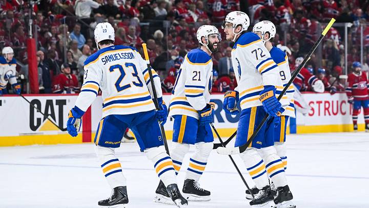 May 16, 2026; Montreal, Quebec, CAN; Buffalo Sabres center Tage Thompson (72) celebrates with his teammates his goal against the Montreal Canadiens during the third period in game six of the second round of the 2026 Stanley Cup Playoffs at Bell Centre. Mandatory Credit: David Kirouac-Imagn Images May 16, 2026; Montreal, Quebec, CAN; Buffalo Sabres center Tage Thompson (72) celebrates with his teammates his goal against the Montreal Canadiens during the third period in game six of the second round of the 2026 Stanley Cup Playoffs at Bell Centre. Mandatory Credit: David Kirouac-Imagn Images