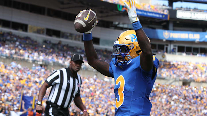 Aug 30, 2025; Pittsburgh, Pennsylvania, USA; Pittsburgh Panthers wide receiver Cataurus Hicks (3) celebrates his touchdown against the Duquesne Dukes during the first quarter at Acrisure Stadium. Mandatory Credit: Charles LeClaire-Imagn Images