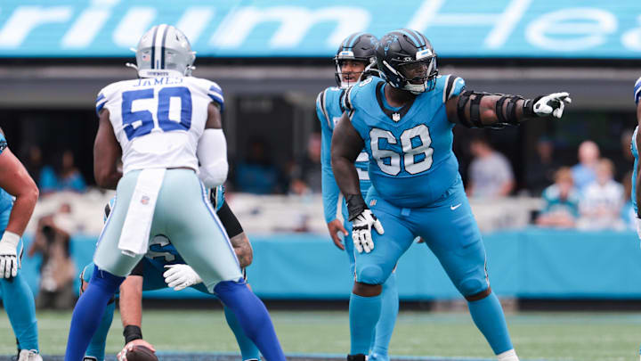 Carolina Panthers guard Damien Lewis (68) reacts during the game Carolina Panthers guard Damien Lewis (68) reacts during the game