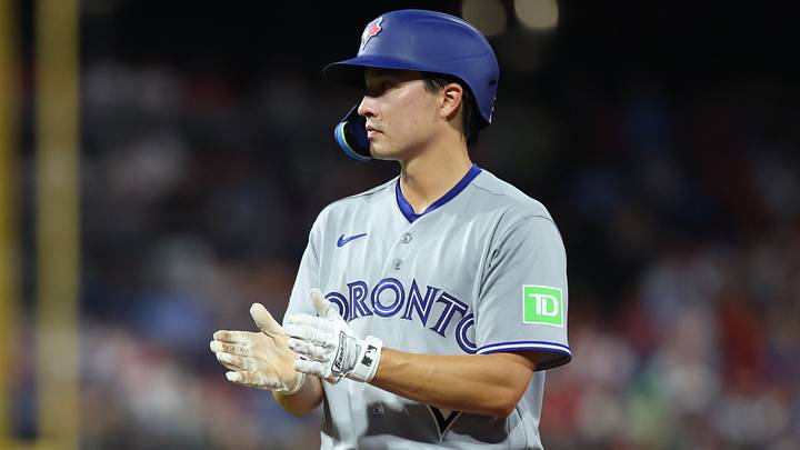 Aug 7, 2026; Philadelphia, Pennsylvania, USA; Toronto Blue Jays outfielder Brett Bateman (21) on first base during the sixth inning against the Philadelphia Phillies at Citizens Bank Park. Mandatory Credit: Bill Streicher-Imagn Images