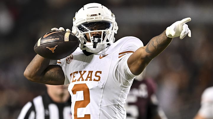 Nov 30, 2024; College Station, Texas, USA; Texas Longhorns wide receiver Matthew Golden (2) motions during the second half against the Texas A&M Aggies. The Longhorns defeated the Aggies 17-7 at Kyle Field. Mandatory Credit: Maria Lysaker-Imagn Images  
