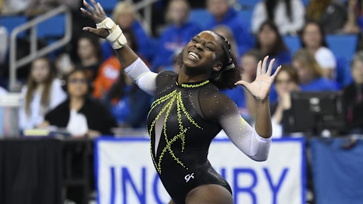 Mar 30, 2023; Los Angeles, CA, USA;  Amari Celestine of Missouri competes in the floor exercise during the NCAA Women' s Gymnastics Los Angeles Regional at Pauley Pavilion. Mandatory Credit: Robert Hanashiro-Imagn Images