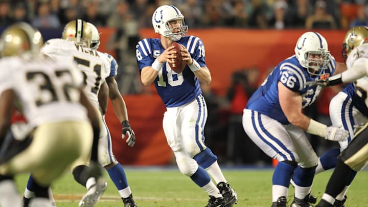 Feb 7, 2010; Miami, FL, USA; Indianapolis Colts quarterback Peyton Manning (18) drops back to pass during the third quarter of Super Bowl XLIV against the New Orleans Saints at Sun Life Stadium. Mandatory Credit: Matthew Emmons-Imagn Images