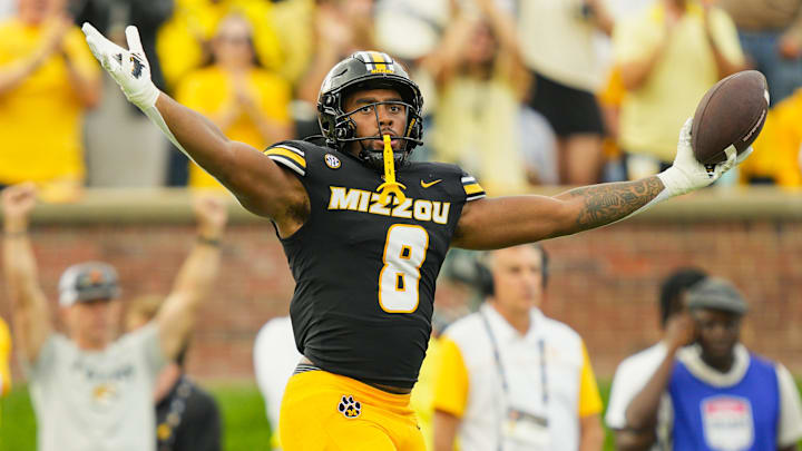 Oct 11, 2025; Columbia, Missouri, USA; Missouri Tigers defensive end Damon Wilson II (8) celebrates after recovering a fumble during the second half against the Alabama Crimson Tide at Faurot Field at Memorial Stadium. Mandatory Credit: Jay Biggerstaff-Imagn Images