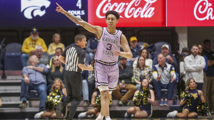 Jan 9, 2024; Morgantown, West Virginia, USA; Kansas State Wildcats guard Dorian Finister (3) jogs down the court versus West Virginia.