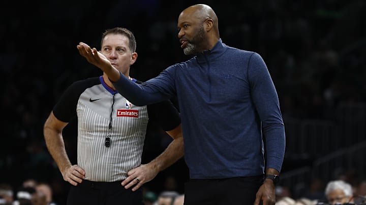 Apr 23, 2025; Boston, Massachusetts, USA; Orlando Magic head coach Jamahl Mosley talks with referee Brent Barnaky (36) during the second half of game two of the first round of the 2024 NBA Playoffs against the Boston Celtics at TD Garden. Mandatory Credit: Winslow Townson-Imagn Images Apr 23, 2025; Boston, Massachusetts, USA; Orlando Magic head coach Jamahl Mosley talks with referee Brent Barnaky (36) during the second half of game two of the first round of the 2024 NBA Playoffs against the Boston Celtics at TD Garden. Mandatory Credit: Winslow Townson-Imagn Images