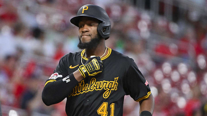Pittsburgh Pirates right fielder Bryan De La Cruz (41) reacts after hitting a solo home run against the St. Louis Cardinals during the second inning at Busch Stadium. 