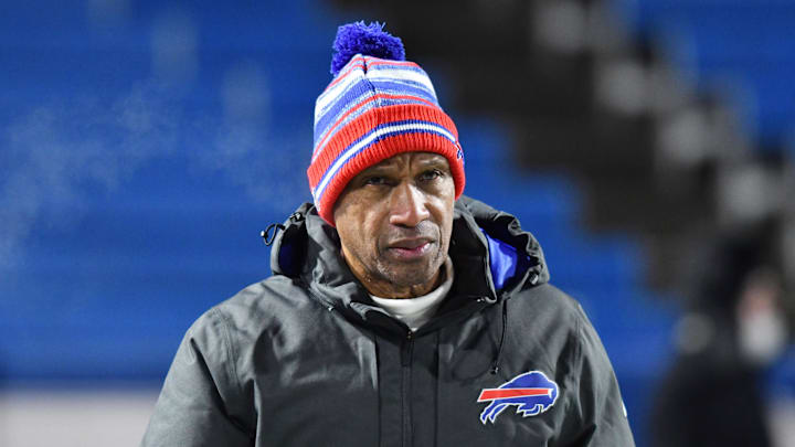 Jan 15, 2022; Orchard Park, New York, USA; Buffalo Bills defensive coordinator Leslie Frazier walks the field before  an AFC Wild Card playoff football game against the New England Patriots at Highmark Stadium.