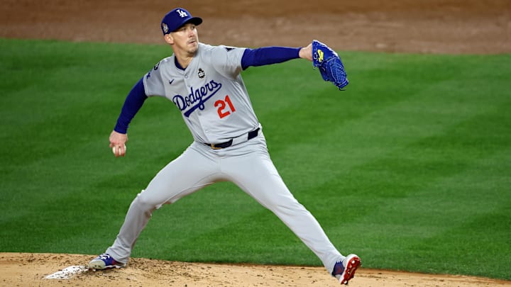 Oct 28, 2024; New York, New York, USA; Los Angeles Dodgers pitcher Walker Buehler (21) throws during the first inning in game three of the 2024 MLB World Series against the New York Yankees at Yankee Stadium. Oct 28, 2024; New York, New York, USA; Los Angeles Dodgers pitcher Walker Buehler (21) throws during the first inning in game three of the 2024 MLB World Series against the New York Yankees at Yankee Stadium.