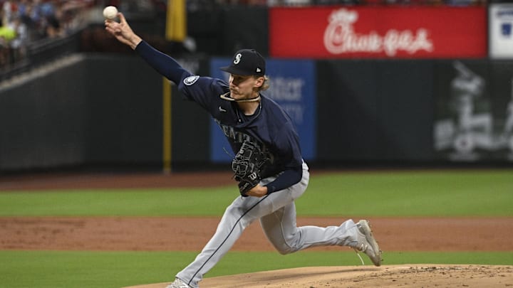 Seattle Mariners starting pitcher Bryce Miller throws during a game against the St. Louis Cardinals on Sept. 6 at Busch Stadium. Seattle Mariners starting pitcher Bryce Miller throws during a game against the St. Louis Cardinals on Sept. 6 at Busch Stadium.