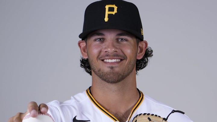 Feb 22, 2023; Bradenton, FL, USA;  Pittsburgh Pirates pitcher Jared Jones (81) poses for photos