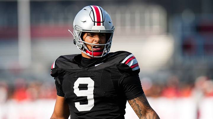 Ohio State Buckeyes quarterback Tavien St. Clair (9) participates in the third day of training camp at the Woody Hayes Athletic Center on Aug. 8, 2026 in Columbus, Ohio. Ohio State Buckeyes quarterback Tavien St. Clair (9) participates in the third day of training camp at the Woody Hayes Athletic Center on Aug. 8, 2026 in Columbus, Ohio.