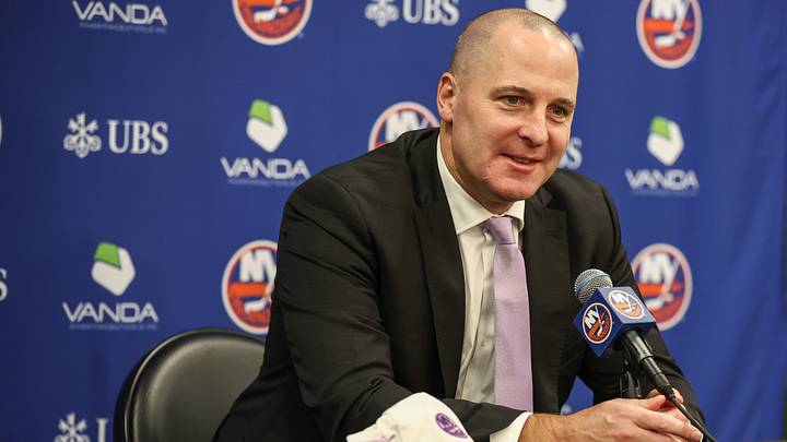 Nov 22, 2025; Elmont, New York, USA; New York Islanders General Manager Mathieu Darche speaks with fans at a pre-game event prior to the game against the St. Louis Blues at UBS Arena. Mandatory Credit: Wendell Cruz-Imagn Images Nov 22, 2025; Elmont, New York, USA; New York Islanders General Manager Mathieu Darche speaks with fans at a pre-game event prior to the game against the St. Louis Blues at UBS Arena. Mandatory Credit: Wendell Cruz-Imagn Images