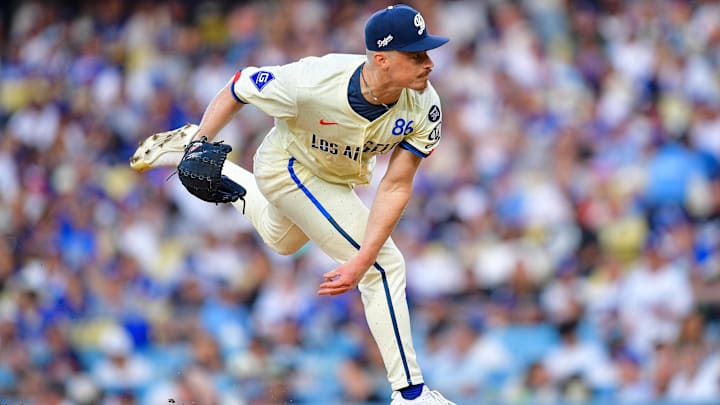 Jul 19, 2025; Los Angeles, California, USA; Los Angeles Dodgers pitcher Jack Dreyer (86) throws against the Milwaukee Brewers during the fourth inning at Dodger Stadium. Mandatory Credit: Gary A. Vasquez-Imagn Images Jul 19, 2025; Los Angeles, California, USA; Los Angeles Dodgers pitcher Jack Dreyer (86) throws against the Milwaukee Brewers during the fourth inning at Dodger Stadium. Mandatory Credit: Gary A. Vasquez-Imagn Images